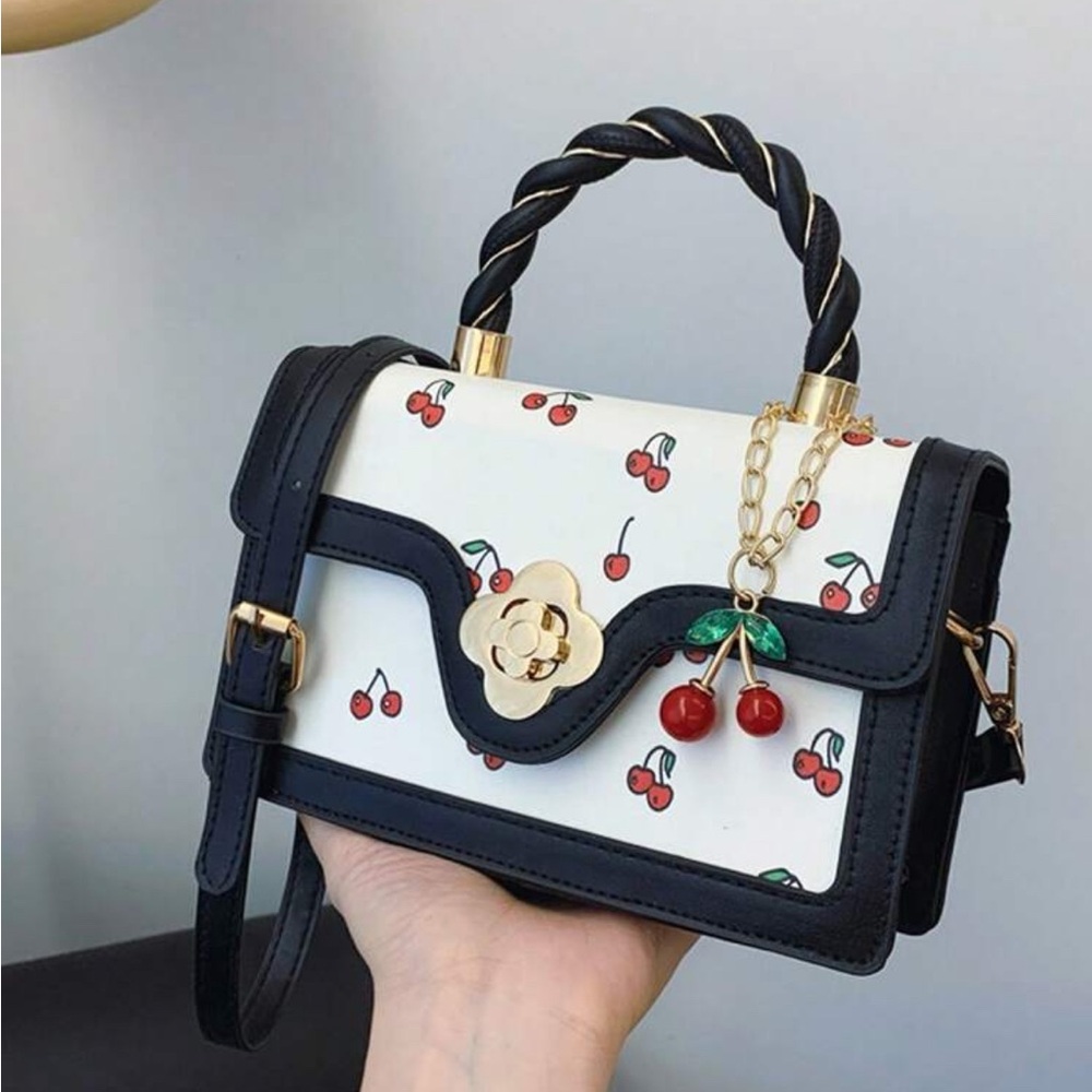 New Cherry Print Black and White Handbag/Crossbody Bag - Picture 2 of 4